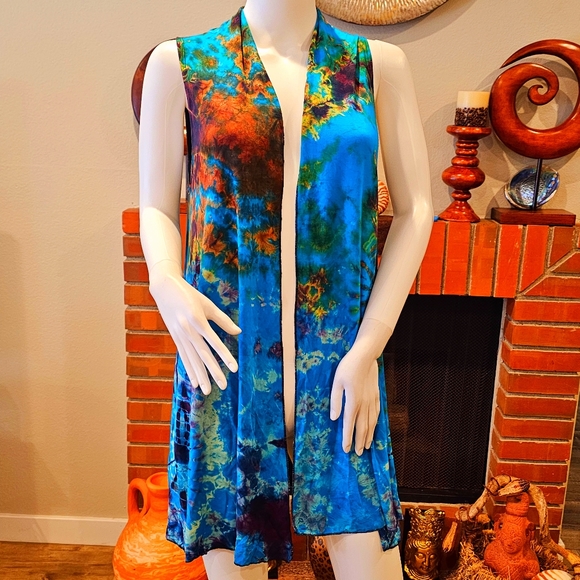 TIE DYE Turq./Ylw Stretchy Rayon S/L Cardigan *5 Colors Avail.*OS NEW - Picture 3 of 6